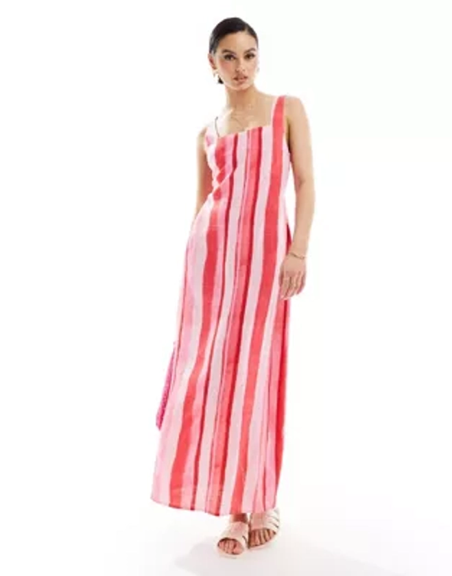 ASOS DESIGN square neck tie back linen midi sundress in pink blurred stripe | ASOS