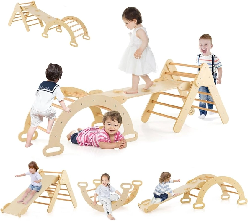 GOPLUS 7 en 1 Triangle Arche Montessori d'escalade Enfants avec Toboggan Bois,Rampe, Échelle Réglable, Charge 50KG, pour Tout-Petits Bébé 1 Ans+ (Naturel, 7 en 1)