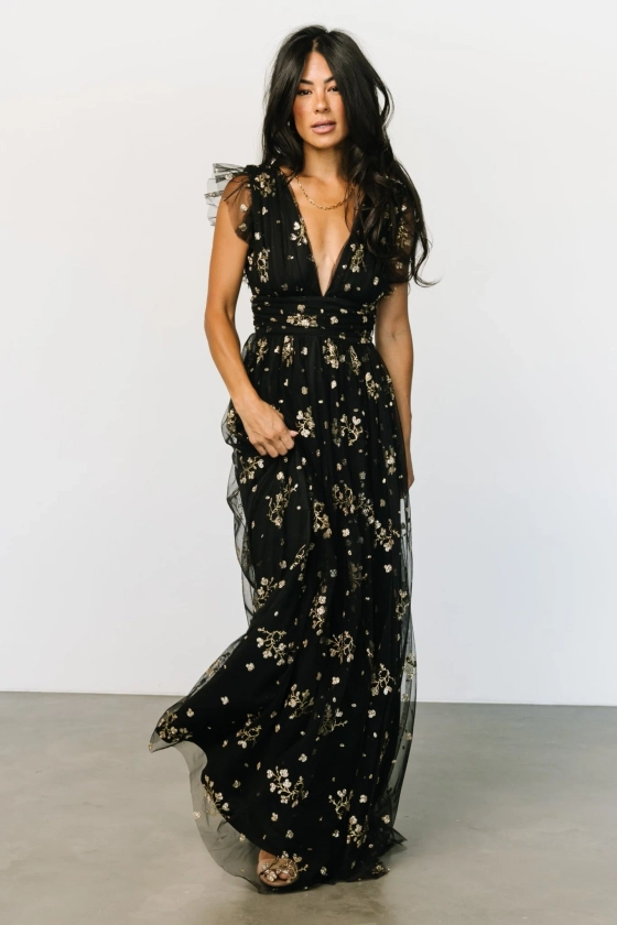 Natalia Floral Embellished Maxi Dress | Black + Gold