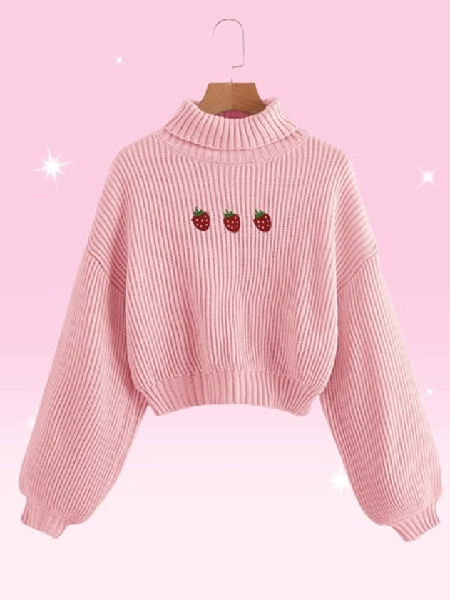 Sweetness Strawberry Embroidery High Neck Sweater