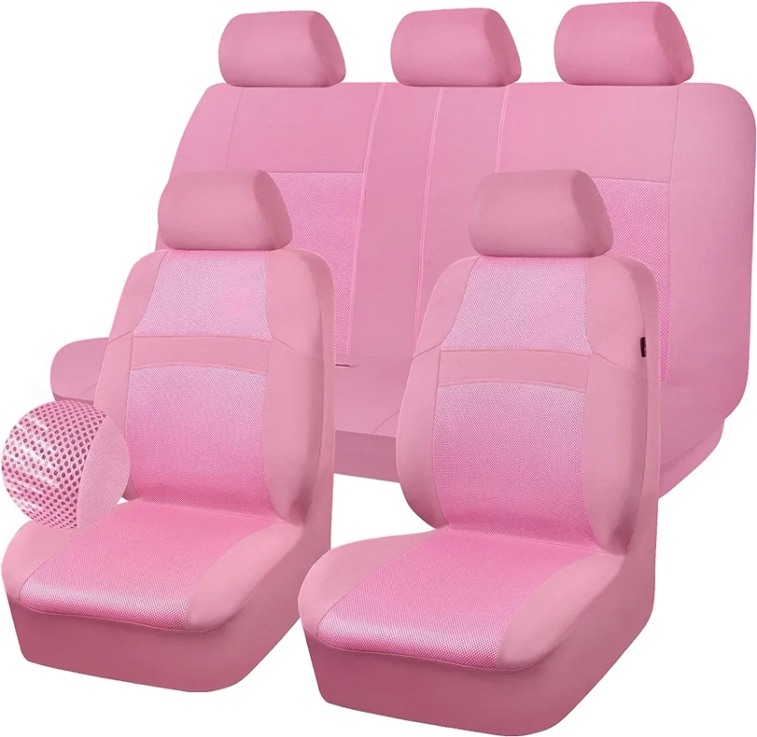 CAR PASS Pink Car Seat Cover Full Sets, Air Breath in Summer Mesh Seat Cover 5mm Sponge Airbag Composite, Cute for Women Girly, Universal Fit SUV, Vans, sedans,Trucks, Automotive Interior All Pink