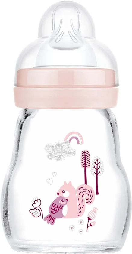 MAM Feel Good Gourde en verre pour bébé 170 ml - Bouteille de lait avec ouverture large - Gourde stable avec tétine - Taille 1 - dès la naissance - Écureuil/oiseau