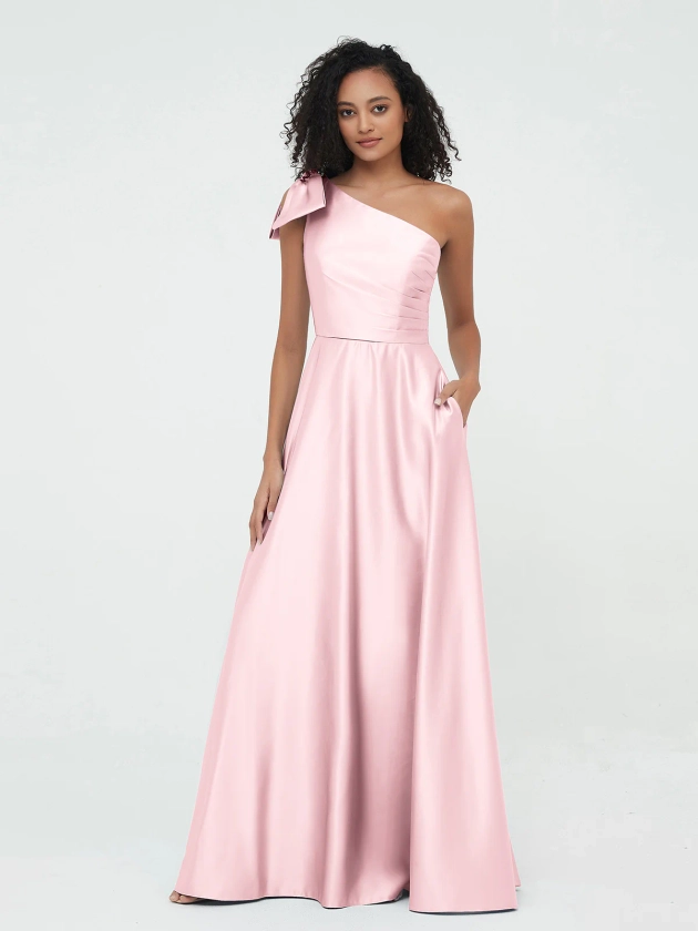 One-Shoulder Long Satin Dresses with Pockets-Blushing Pink Sigrid BABARONI