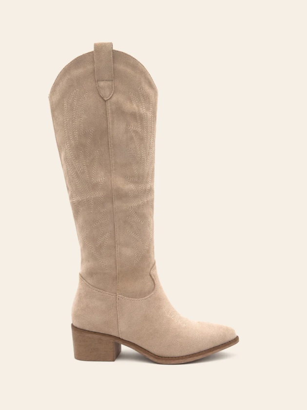 BROOKE - Bottes santiags style cowboy à bout pointu en suédine beige