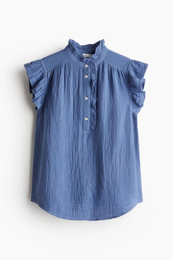 Flutter-sleeved Muslin Blouse - Short sleeve - Regular length - Dusty blue - Ladies | H&M US
