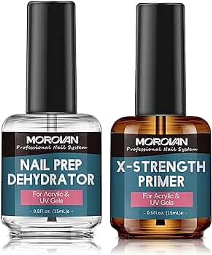 Morovan Nail Prep Dehydrator and Nail Primer X-strength, No Burn Non Acid Nail Primer and Dehydrator for Acrylic Powder Fast Dry 0.5oz Nail Primer Set