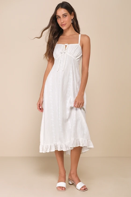 Unbelievably Sweet White Floral Embroidered Ruffled Midi Dress