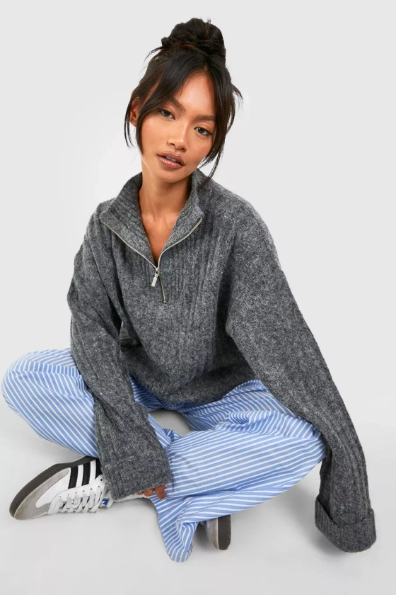 Soft Wide Rib Knit Half Zip Funnel Neck Jumper