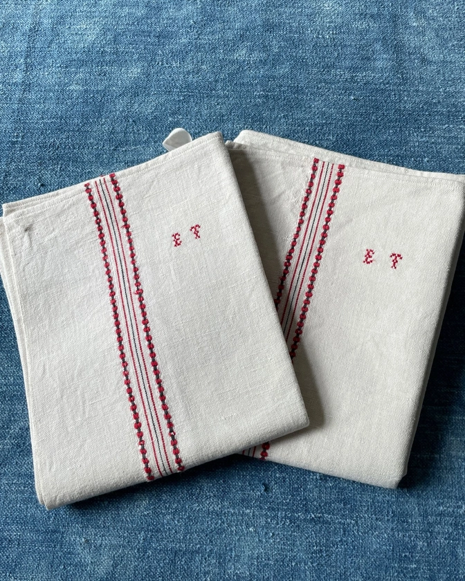 Antique French Tea Towels Embroidered ET 2 Pieces