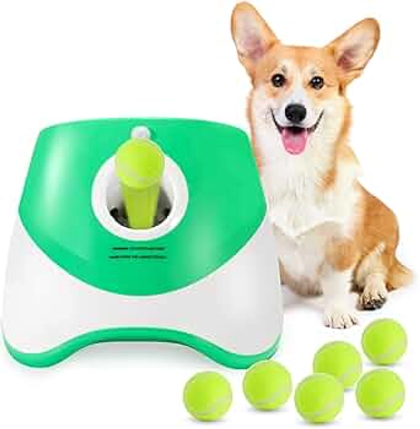 Dog Ball Thrower Launcher, Automatic Ball Launcher with 6 Mini Tennis Balls, Interactive Dog Toys Indoor Outdoor Ball Thrower Machine for Small Dogs with 3 Distance Settings