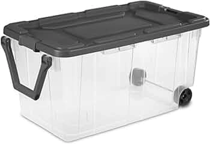 Sterilite 160 Quart Plastic Rolling Stacker Box, Lidded Stackable Storage Bin Container for Home, Garage, and Camping, 2-Pack, Clear Base & Gray Lid