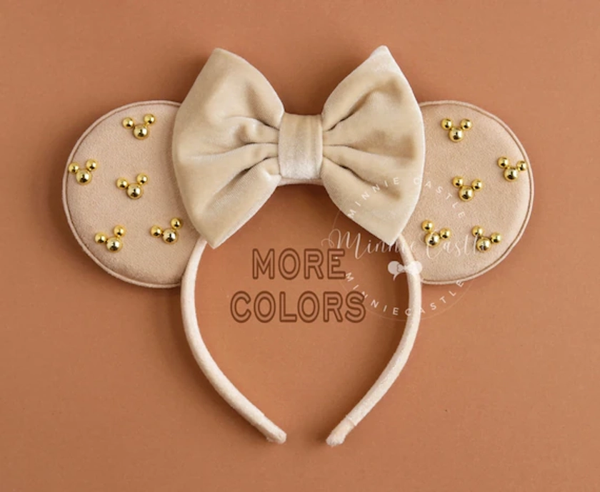 Beige Mickey Ears, Mickey Ears, Gold Minnie Charm Mouse Ears, Minnie Ears, Velvet Mouse Ears, Beige and Gold Minnie Ears, Mickey Ears gifts