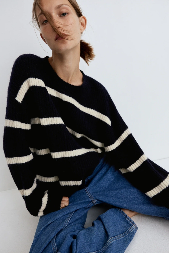 Rib-knit Sweater - Round Neck - Long sleeve - Navy blue/striped - Ladies | H&M US