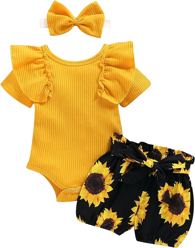 ZZLBUF Infant Baby Girl Clothes Set Short Sleeve Ruffle Top Romper Bodysuit+Floral Shorts Headband 3Pcs Summer Outfits