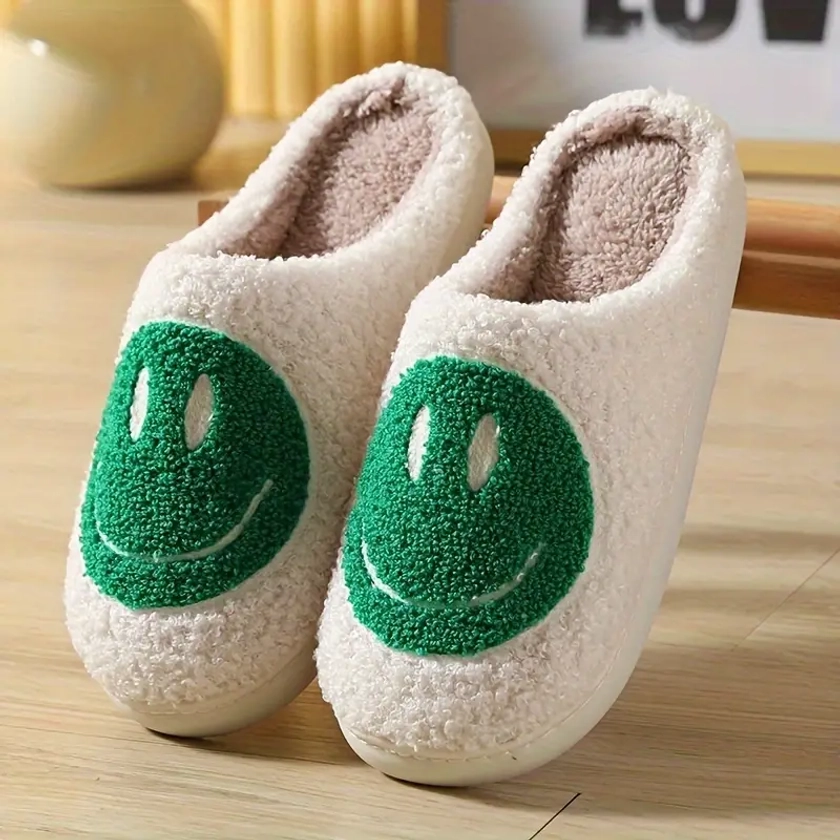 Girls Cute Cartoon Smiling Face Slip On Warm Plush Cozy Slides, Children's Thermal Fuzzy Anti-skid House Slippers For Indoor Outdoor