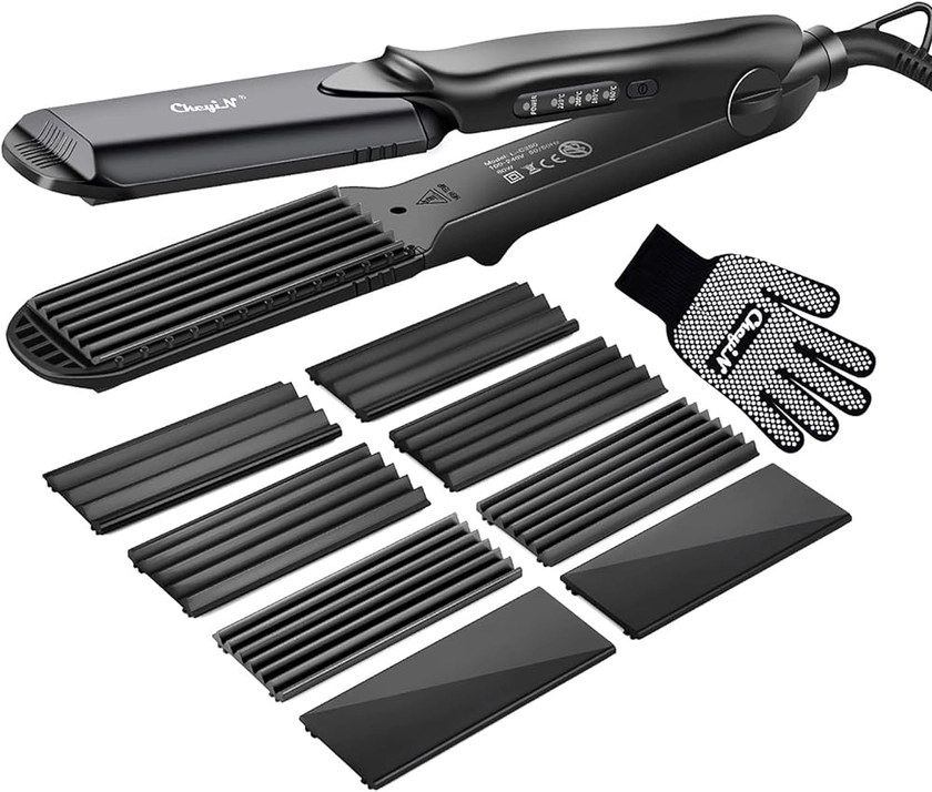 Hair Straightener Crimper, Ceramic Hair Straightening Iron-4 Pairs Interchangeable Plates with Insulation Design 4 Setting Temperature for Dry and Oily Hair 100-240 Dual Voltage