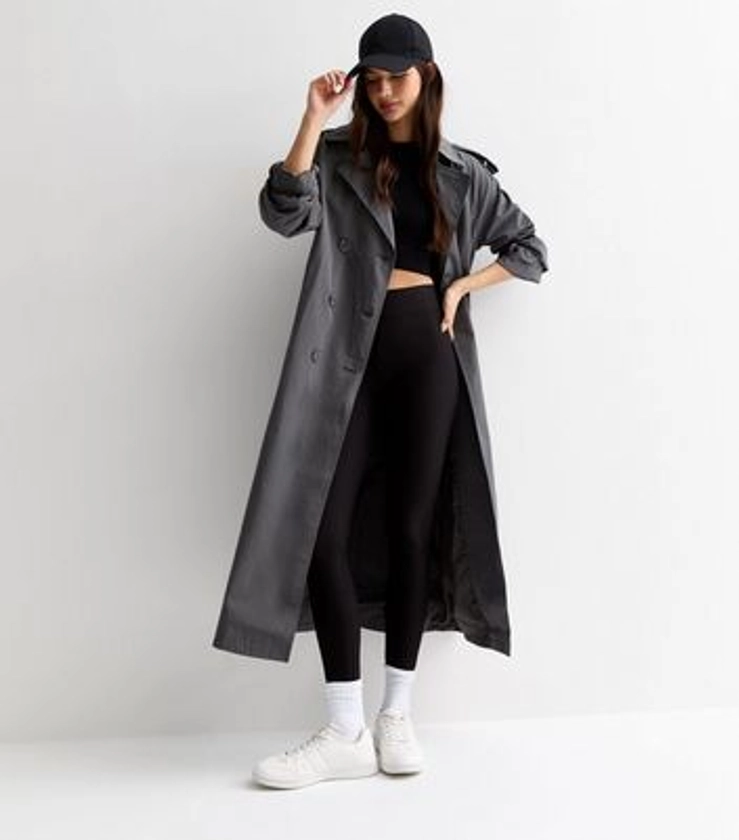 Dark Grey Belted Longline Trench Coat