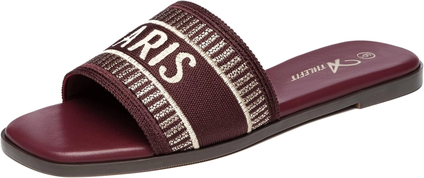 Amazon.com | Athlefit Women's Slip On Flat Sandals Summer Embroidered Square Open Toe Burgundy Slide Sandals Size 5.5 | Slides
