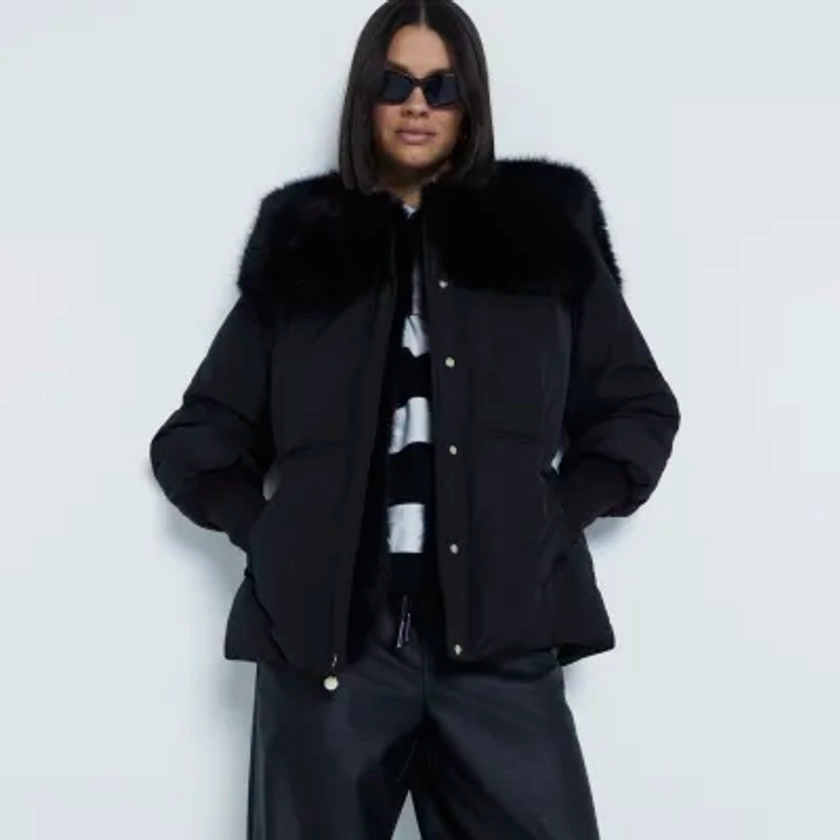 Black Faux Fur Collar Padded Jacket