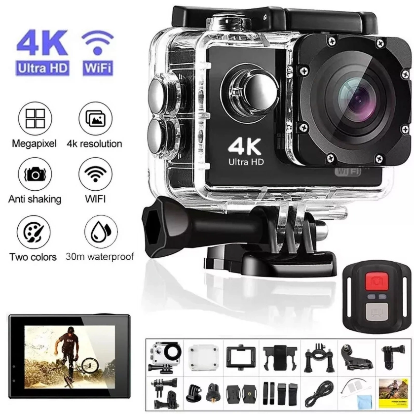 Soapow Action Camera, 4K WiFi Ultra HD Camera with EIS 30M Underwater Waterproof Camera, 170° Wide Angle Stabilization Sport Camera with Touch Screen and Mounting Accessories Kit, Black