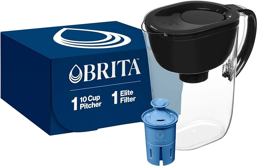Brita Large Water Filter Pitcher for Tap and Drinking Water with SmartLight Filter Change Indicator + 1 Elite Filter, Reduces 99% Of Lead, Lasts 6 Months, 1-Cup Capacity, Black