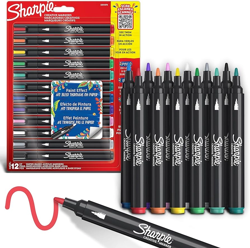 Sharpie Creative Marker Acrylic Paint Pens | Water-Based Paint Markers | No-Bleed Ink Writes on Most Surfaces | Bullet Tip | School & Revision Supplies | Assorted Colours | 12 Count