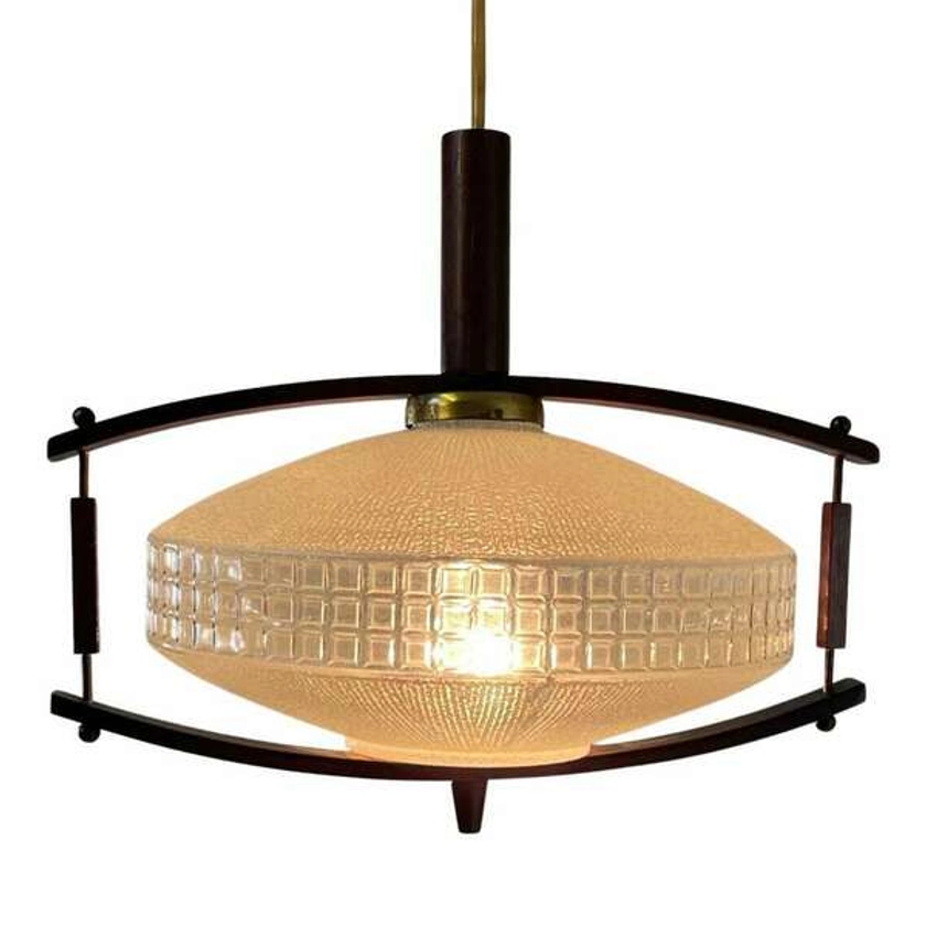 Ca. 1950’s Pressed Glass Ceiling Fixture   Scandinavian Design   With Teak Wood An Brass Accents | Vinterior