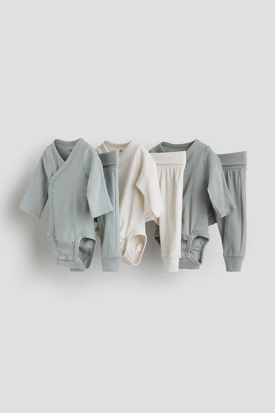 6-piece cotton set - V-neck - Long sleeve - Light dusty green/Cream - Kids | H&M GB