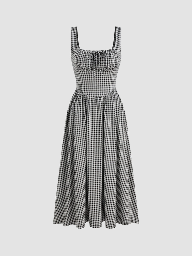 Square Neck Gingham Knotted Ruffle Maxi Dress