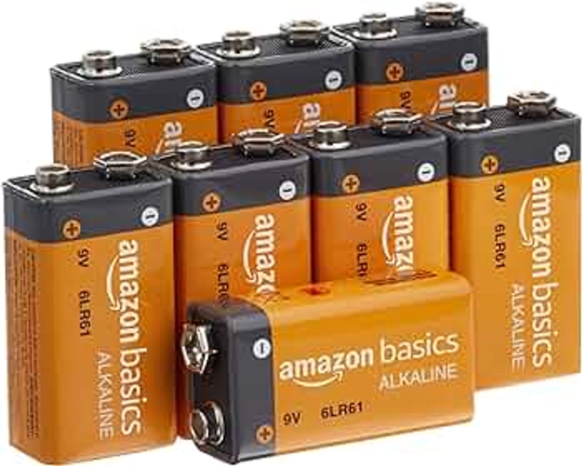 Amazon Basics 8-Pack 9 Volt Alkaline Performance All-Purpose Batteries, 5-Year Shelf Life, Packaging May Vary
