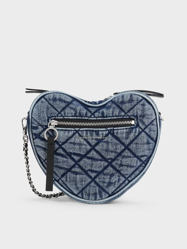 Sac en denim matelassé en forme de cœur à poignée en chaîne Philomena    
         - Bleu Denim