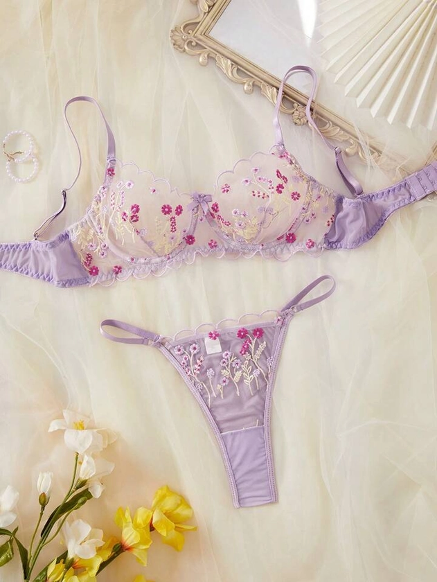 Conjunto de 2 peças de lingerie sexy com sutiã e calcinha bordados