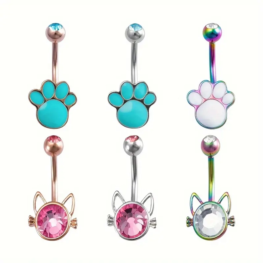 1pc Zircon Kitty Belly Button Ring Stainless Steel Cute Paw Navel Piercing For Women Sexy Body Jewelry