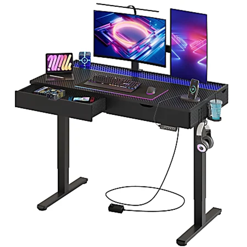 Bestier 48 W Electric Adjustable Height Standing Desk With Drawers And RGB Lights Carbon Fiber Black - Office Depot