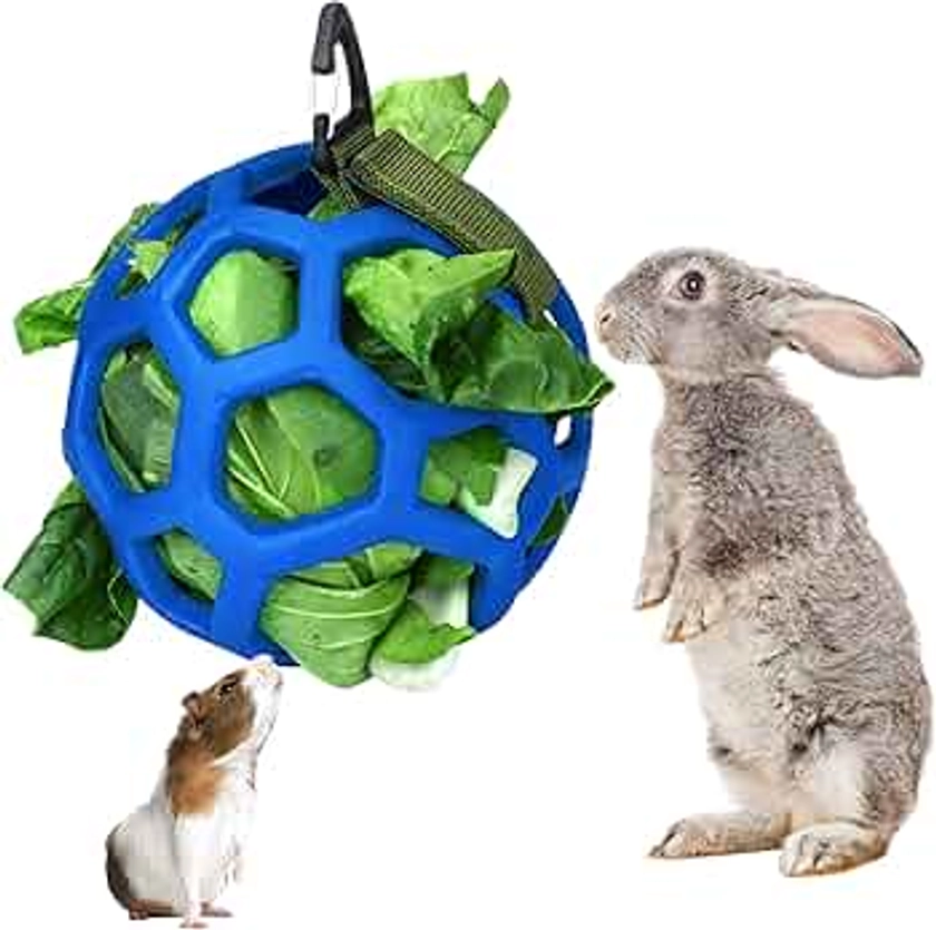 Rabbit Guinea Pig Hanging Hay Feeder Ball Small Animal Feeder Rack Dispenser Food Balls Toy Pet Grass Play Hay Chew Ball Grass Vegetable Hanging Holder for Small Animals Pet Hamster Rabbit (Blue)