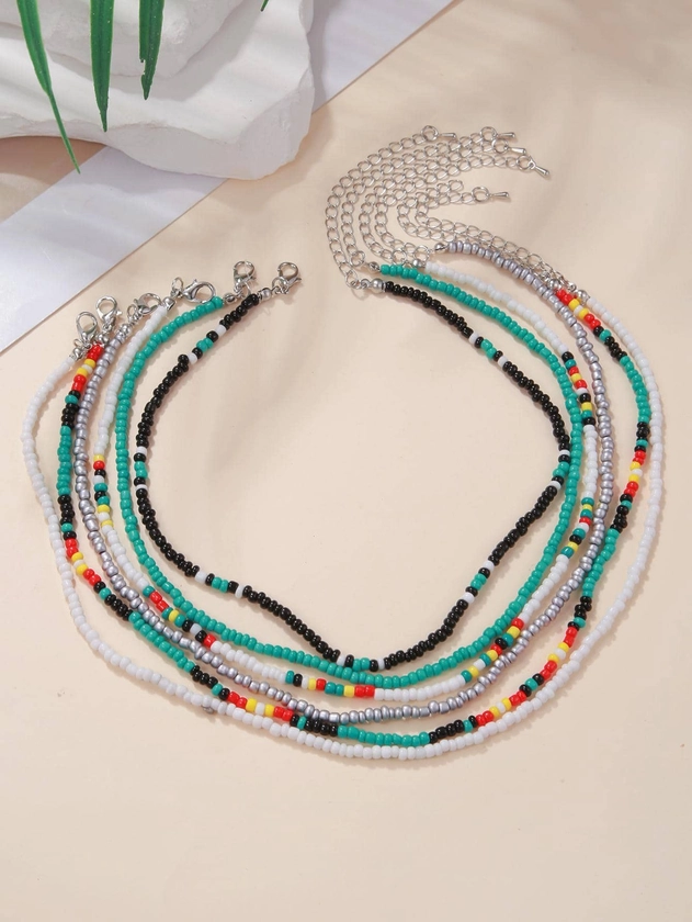 6pcs/set Color Block Random Color Beaded Necklace