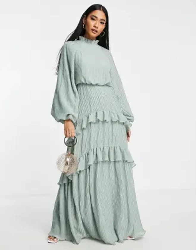 ASOS DESIGN - Robe longue plissée à col montant avec jupe à volants étagés - Bleu