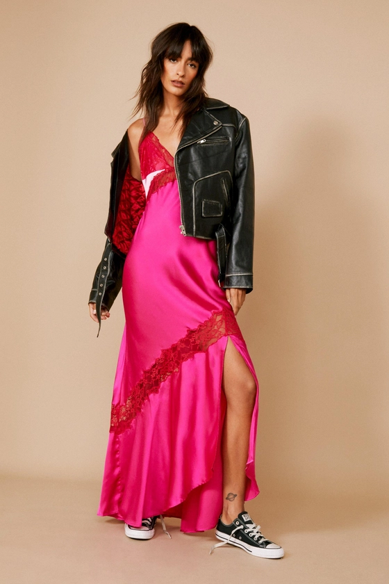 Dresses | Contrast Lace Trim Satin Maxi Slip Dress | NastyGal