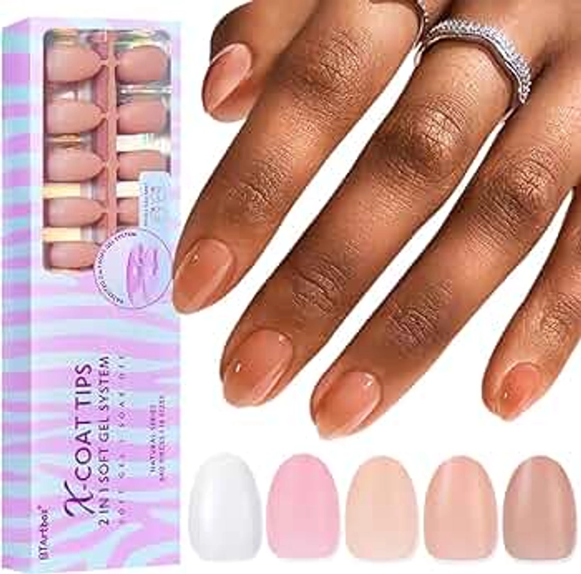 BTArtbox Extra Short Press On Nails - 640pcs 5 Colors Almond Nail Tips Soft Gel XCOATTIPS Natural with Pre-applied Tip Primer Cover, Pre-colored Short Fake Nails Extensions for Easy DIY Nail Art