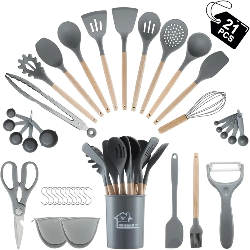 21 Pieces Kitchen Utensils Set, BEWOS Silicone Cooking Utensils Set with Spatula, Utensil Holder and Measuring Spoons, Nonstick Heat Resistant, Grey Kitchen Gadgets, Wooden Handle