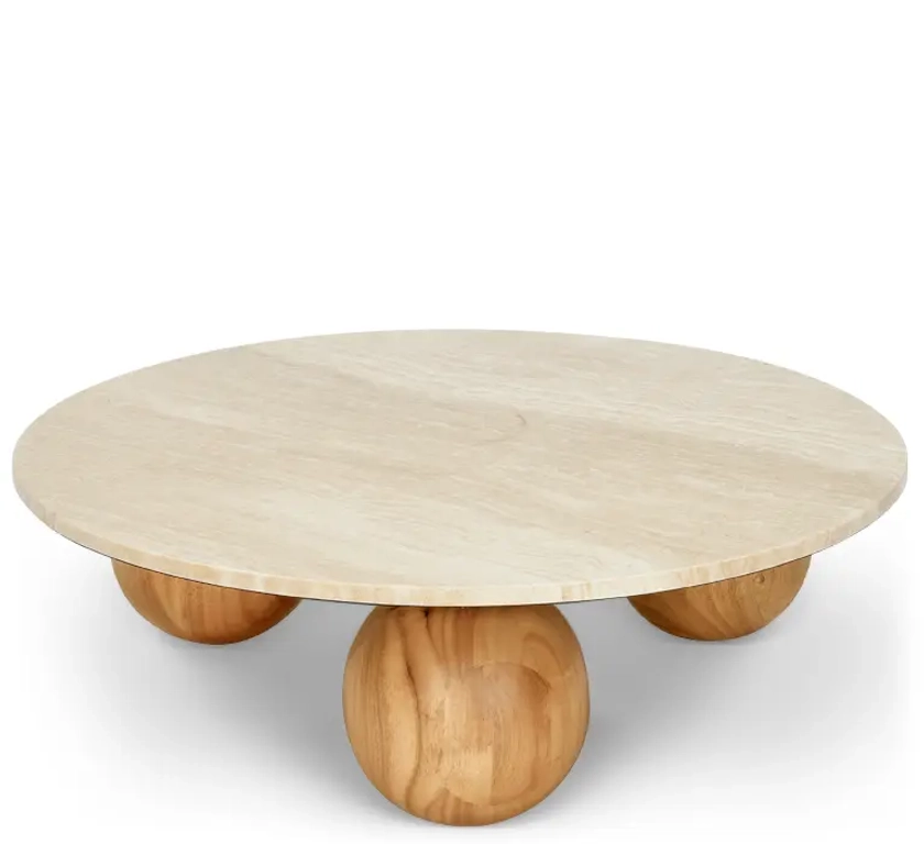 GINA Table basse, Travertin waterproof & bois blond, Ø80