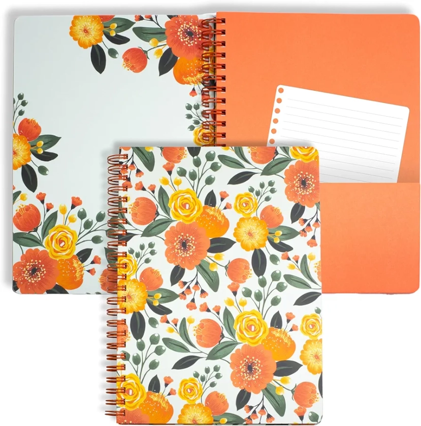 Steel Mill & Co Cute Mini Spiral Notebook, 8.25" x 6.25" Journal with Durable Hardcover and 160 Lined Pages, Orange Floral