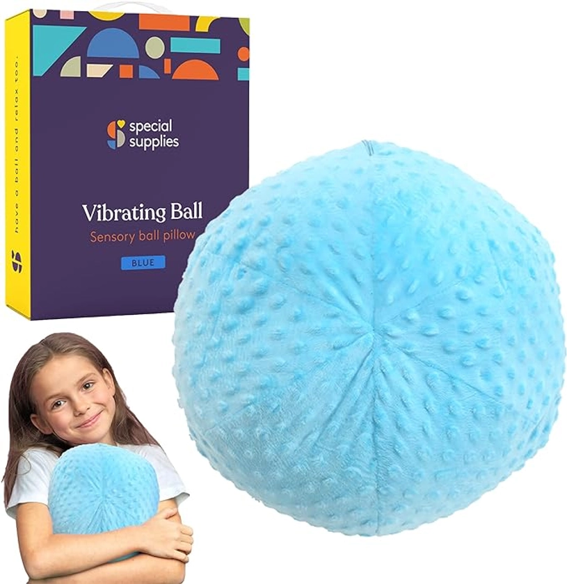 Special Supplies Vibrating Ball Pillow Sensory Pressure Activated for Kids and Adults, Plush Minky Soft Cover with Textured Therapy Stimulation Bumps, Blue