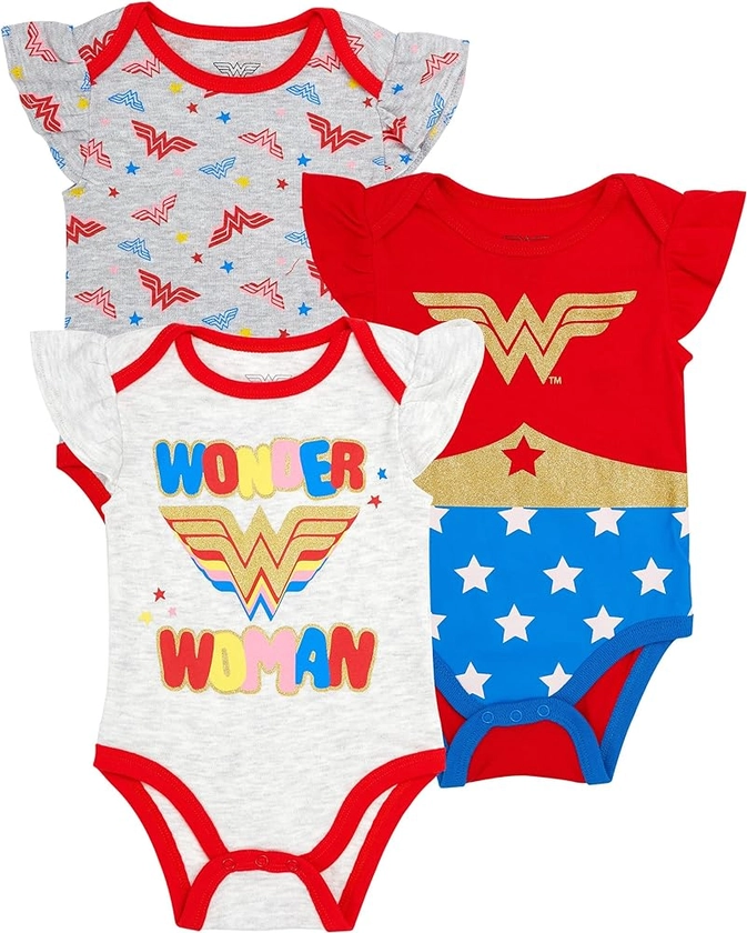 WONDER WOMAN Infant Baby Girls Bodysuit Baby Girl 3 Pack Gift Set (Red Multi, 0-3 Months)