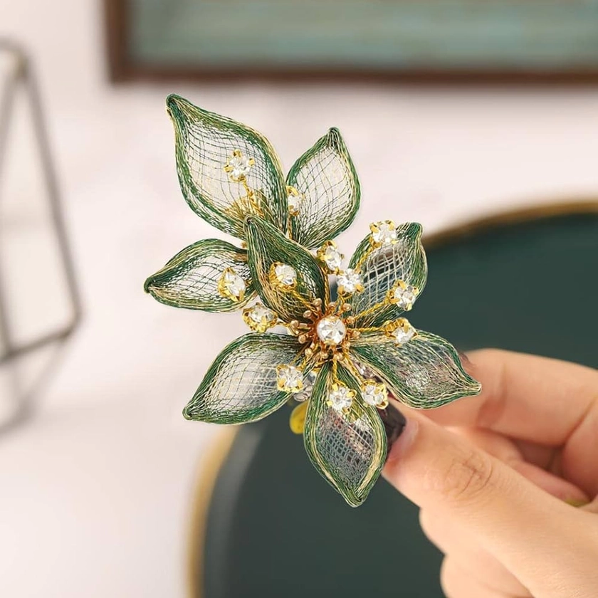 Casdre Flower Bridal Hair Clip Rhinestone Bride Wedding Hair Piece Crystal Hair Barratte Evening Party Hair Accessories for Women and Girls(B Green)