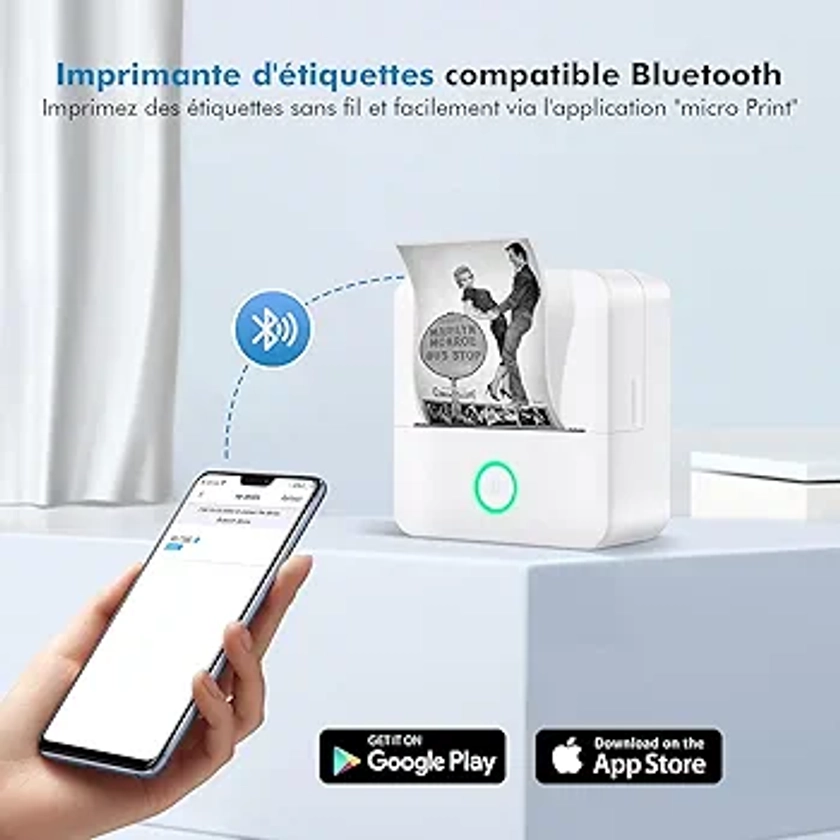 Imprimante Etiquette Autocollante, Imprimante Thermique Bluetooth Monochrome, Mini imprimante Autocollant Rouleaux de 2 Étiquettes Autocollantes, Adaptés pour L'école et Le Milieu Professionnel