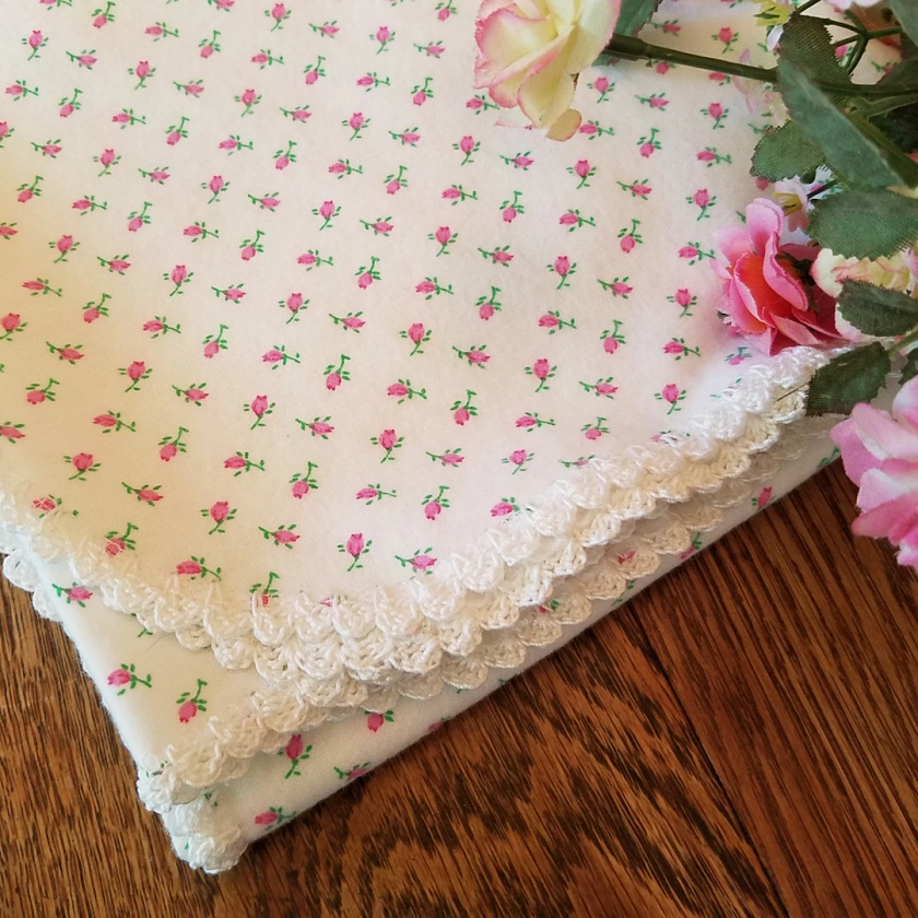 Baby Girl Pink Flannel Rosebud Receiving Blanket, Heirloom, Crocheted Edging, Personalized Baby Gift, Baby Shower Gift, Monogram, Keepsake