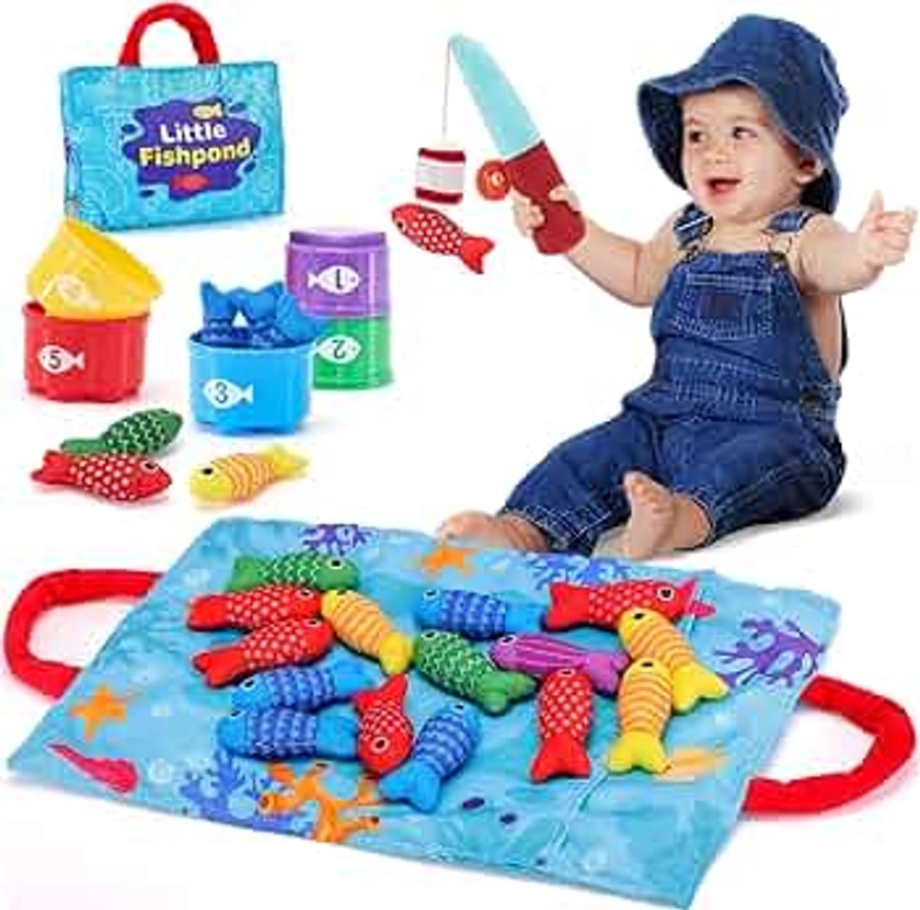 Toddler Toys Montessori Toys for 1 Year Old Boy Girl Birthday Gift -10 in 1 Cloth Fishing Game for Toddlers 1-3 with Stacking Cups- Number Counting, Color Sorting, Shape Learning Baby Toys Baby Gifts