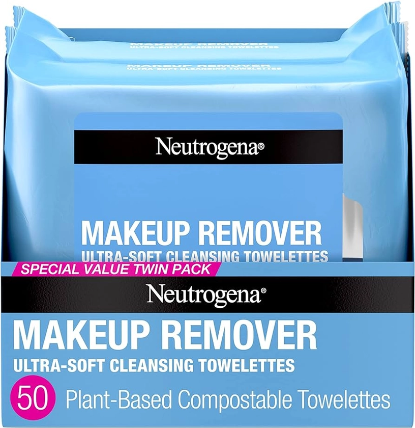 Neutrogena Makeup Remover Wipes, Ultra-Soft Cleansing Facial Towelettes for Waterproof Makeup, Alcohol-Free, Plant-Based, Twin Pack, 25 Count (Pack of 2)