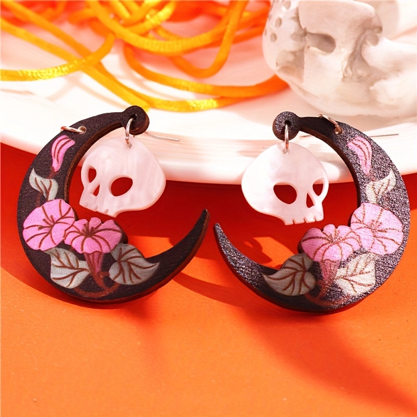 Y2k Punk Style Wooden Drop Dangle Earrings Set Ghost Skull - Temu